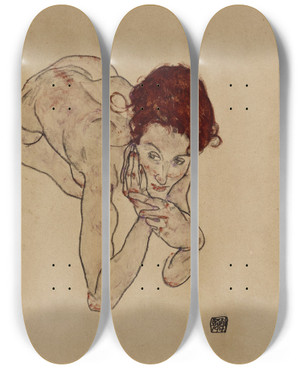 Triptych art skateboard deck of Egon Schiele Kauernder Weiblicher Akt Crouching Female Nude by Egon Schiele (1890-1918)