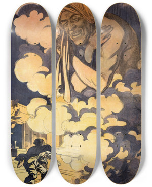 Triptych art skateboard deck of Udo Keppler Aladdin And The Wonderful Lamp by Udo Keppler (1872-1956)