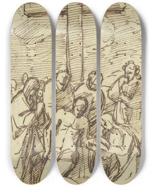Triptych art skateboard deck of Vincenzo Tamagni Lamentation Of Christ by Vincenzo Tamagni (1492-1530)