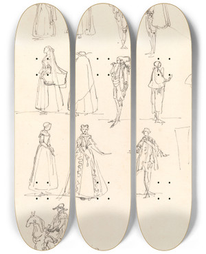 Triptych art skateboard deck of Luis Paret Y Alczar Historical Costumes by Luis Paret Y Alcazar (1746-1799)