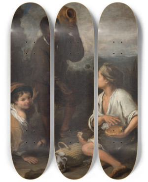 Triptych art skateboard deck of Bartolom Estebn Murillo Three Boys by Bartolome Esteban Murillo (1617-1682)