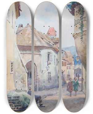 Triptych art skateboard deck of Karl Schnorpfeil Drnstein Gassenszene by Karl Schnorpfeil (1875-1937)