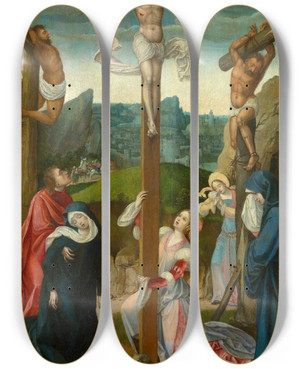 Triptych art skateboard deck of Meester Van 1518 Calvary by Meester Van 1518
