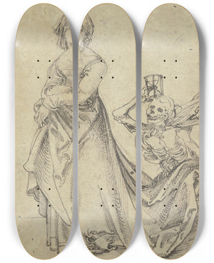Triptych art skateboard deck of Hans Leonhard Schufelein Frau Und Tod Als Schleppentrger by Hans Leonhard Schaufelein (1480-1540)