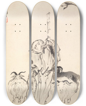 Triptych art skateboard deck of Min Zhen Su Wu The Shepherd by Min Zhen (1730-1788)