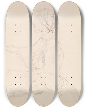 Triptych art skateboard deck of Sir John Everett Millais Tennysons The Grandmothers Apology Girl Seated On Floor by Sir John Everett Millais (1829-1896)