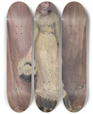 Triptych art skateboard deck of James Abbott Mcneill Whistler Harmony In Violet And Amber by James Abbott Mcneill Whistler (1834-1903)