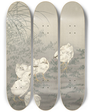 Triptych art skateboard deck of Ohara Koson Five Chicks by Ohara Koson (1877-1945) Triptych art skateboard deck of Ohara Koson Five Chicks by Ohara Koson (1877-1945)