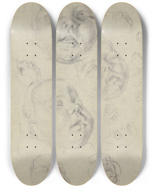 Triptych art skateboard deck of Cornelis De Vos Studienblatt Kopf Und Hnde Eines Kleinkindes by Cornelis de Vos (1584-1651)