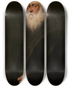 Triptych art skateboard deck of Jacopo Tintoretto Man With A White Beard by Jacopo Tintoretto (1518-1594)