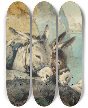 Triptych art skateboard deck of Anton Braith Eselpaar Gru Vom Gardasee by Anton Braith (1836-1905)