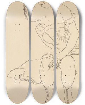 Triptych art skateboard deck of Egon Schiele Seated Woman In Corset And Boots by Egon Schiele (1890-1918)