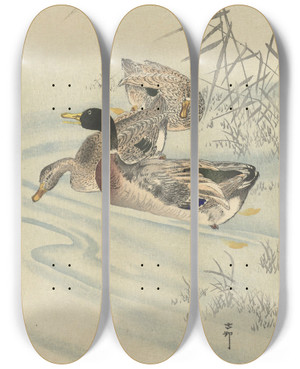 Triptych art skateboard deck of Ohara Koson Three Ducks In Shallow Water With Reed by Ohara Koson (1877-1945)