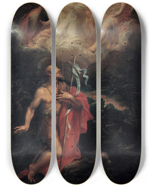 Triptych art skateboard deck of Emilian School Coronation Of The Virgin With Saint John The Baptist by Emilian School