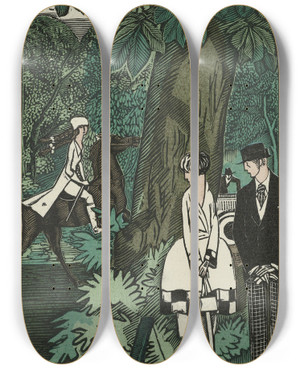 Triptych art skateboard deck of Fernand Simon Cette Petite Robe De Promenade En Parquetine De Rodier by Fernand Simeon (1884-1928)