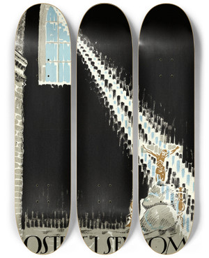 Triptych art skateboard deck of Eric Rohman Secret Of The Monastery by Eric Rohman (1891-1949)