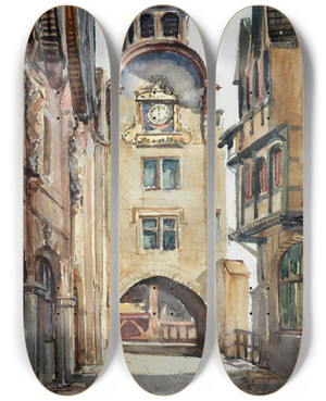 Triptych art skateboard deck of Laure Brouardel Exposition De 1900 Le Vieux Paris_4 by Laure Brouardel (1852-1935)