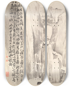 Triptych art skateboard deck of Min Zhen Sheer Cliffs by Min Zhen (1730-1788)