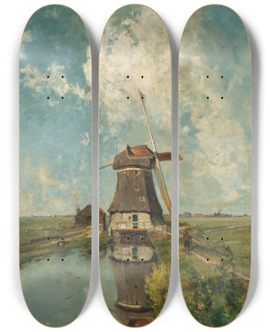 Triptych art skateboard deck of Paul Joseph Constantin Gabril A Windmill On A Polder Waterway Known As In The Month Of July by Paul Joseph Constantin Gabriel (1828-1903)