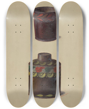 Triptych art skateboard deck of Max Soltmann Toleware Tin Cannister by Max Soltmann
