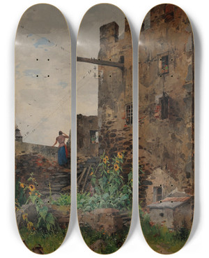 Triptych art skateboard deck of Eduard Zetsche Wachau Scene Of Drnstein By The Old Town Wall by Eduard Zetsche (1844-1927)