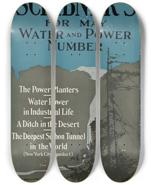 Triptych art skateboard deck of Adolph Treidler Scribners For May Water Power Number by Adolph Treidler (1886-1981)