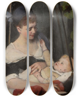 Triptych art skateboard deck of Emma Ekwall Ung Mor Som Vaggar Sitt Barn by Emma Ekwall (1838-1925)