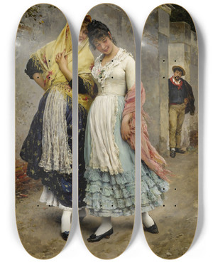 Triptych art skateboard deck of Eugen Von Blaas The Flirtation by Eugen Von Blaas (1843-1931) Triptych art skateboard deck of Eugen Von Blaas The Flirtation by Eugen Von Blaas (1843-1931)