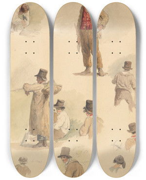 Triptych art skateboard deck of Robert Hills A Woodcutter And Other Studies by Robert Hills (1769-1844)