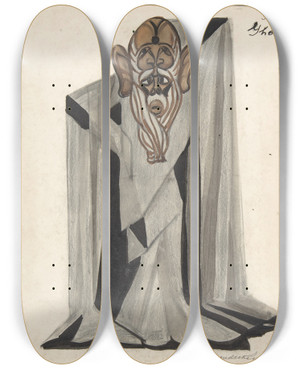 Triptych art skateboard deck of Sergey Yurievich Sudeikin Theatrical Ghost Costume For Le Rossignol by Sergey Yurievich Sudeikin (1882-1946)