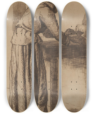 Triptych art skateboard deck of Thodule Ribot Old Woman Working by Theodule Ribot (1823-1891)