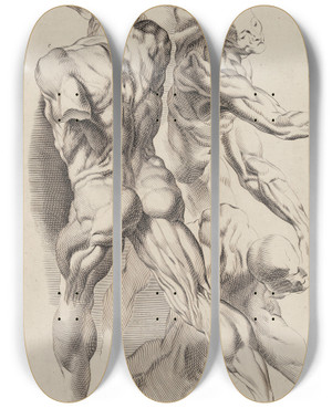 Triptych art skateboard deck of Peter Paul Rubens Study Of Two Naked Men by Peter Paul Rubens (1577-1640)