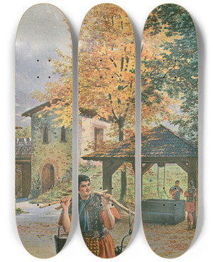 Triptych art skateboard deck of Carl Nebel Saalburg Wasserholen Fetching Water by Carl Nebel (1805-1855)