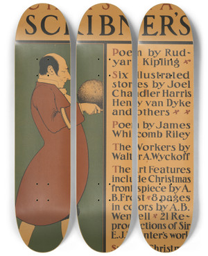 Triptych art skateboard deck of Maxfield Parrish The Christmas Scribners by Maxfield Parrish (1870-1966)