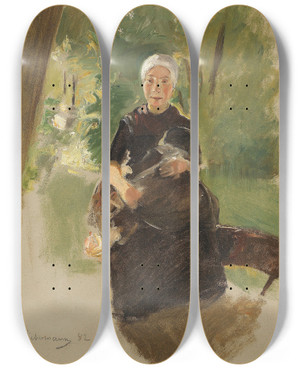 Triptych art skateboard deck of Max Liebermann Young Mother Under Trees by Max Liebermann (1847-1935)