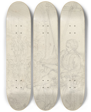 Triptych art skateboard deck of Hubertfranois Gravelot Selfportrait by Hubert-Franois Gravelot (1699-1773)