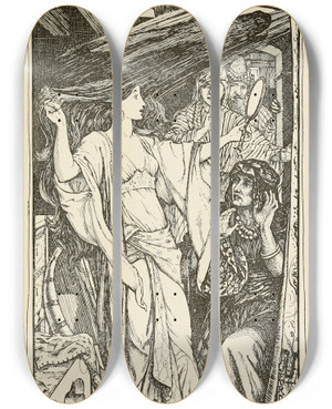 Triptych art skateboard deck of Henry Justice Ford Dschemila Gets Rid Of The Asss Head by Henry Justice Ford (1860-1941)