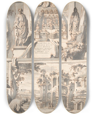 Triptych art skateboard deck of Jan Goeree A Reconstruction Of The Thermae Of Diocletian Above And A View Of The Ruins Below by Jan Goeree (1670-1731)