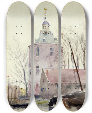 Triptych art skateboard deck of Cass Gilbert Tower At Enkhuisen Holland by Cass Gilbert (1859-1934)