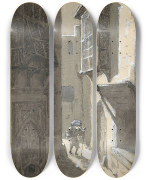 Triptych art skateboard deck of Hc Louwerse Man Met Bepakking In Een Straat by H.C. Louwerse (1878-1946)
