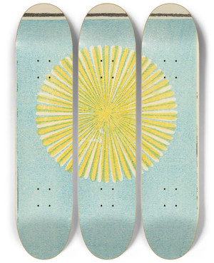Triptych art skateboard deck of Jinta Hirayama Illustrated Catalogue Of Daylight Bomb Shells No 50 by Jinta Hirayama (19-)