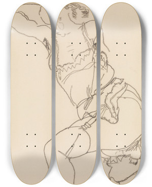 Triptych art skateboard deck of Egon Schiele Reclining Model In Chemise And Stockings by Egon Schiele (1890-1918)