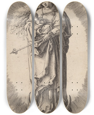 Triptych art skateboard deck of Lucas Van Leyden The Virgin And Child On The Crescent by Lucas Van Leyden (1494-1533)
