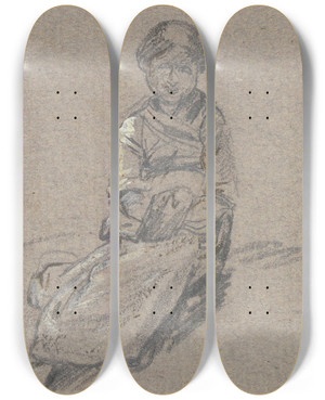 Triptych art skateboard deck of Jakob Frchtegott Dielmann Sitzendes Mdchen Von Vorne Gesehen Die Hnde In Ihre Schrze Gewickelt by Jakob Furchtegott Dielmann (1809-1885)
