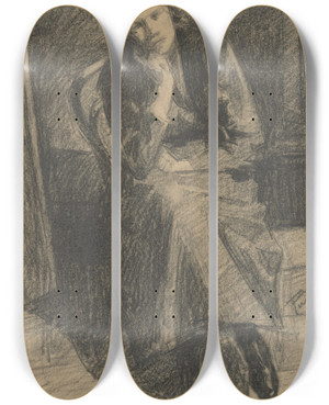Triptych art skateboard deck of Eduard Putra Seated Woman Propping Up Chin by Eduard Putra (1883-1915)