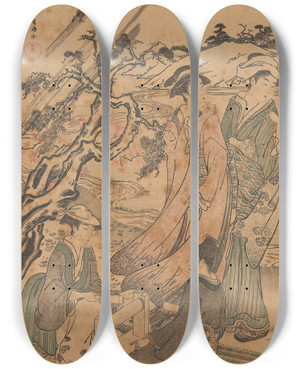 Triptych art skateboard deck of Kubo Shunman Women In The Wind by Kubo Shunman (1757-1820)