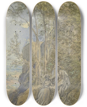 Triptych art skateboard deck of Anton Burger Ascent To A Castle Ruin by Anton Burger (1824-1905)