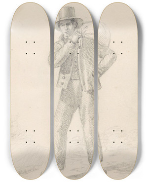 Triptych art skateboard deck of Adolph Tidemand Mann Med Sekk P Skulderen by Adolph Tidemand (1814-1876)