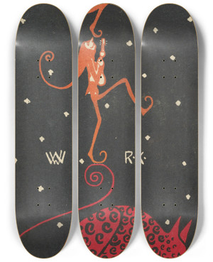 Triptych art skateboard deck of Rudolf Kalvach Humorous Subject_6 by Rudolf Kalvach (1883-1932)