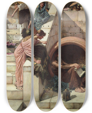 Triptych art skateboard deck of John William Waterhouse Diogenes by John William Waterhouse (1849-1917)